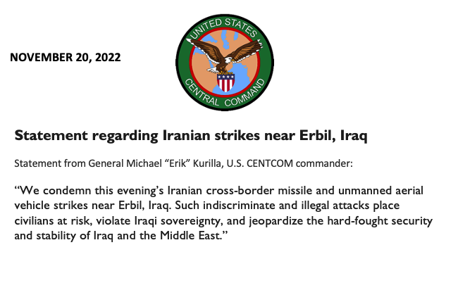 U.S. Central Command:Statement regarding Iranian strikes near Erbil, Iraq