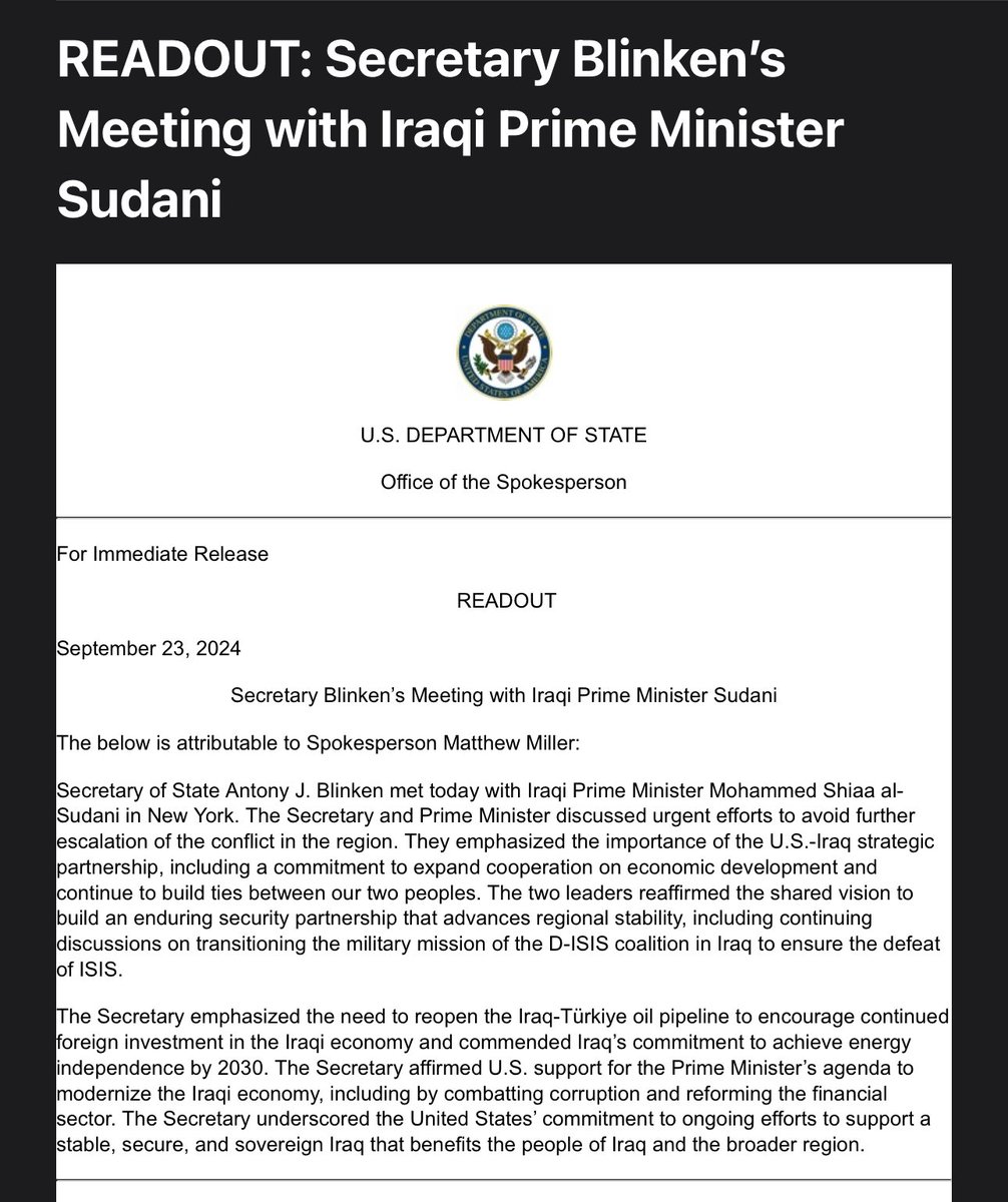 Przedstawiciel USA @SecBlinken spotkał się dziś w Nowym Jorku z @mohamedshią: „Obaj przywódcy potwierdzili wspólną wizję zbudowania trwałego partnerstwa w zakresie bezpieczeństwa, które zwiększy stabilność regionu, w tym kontynuowanie dyskusji na temat przekazania misji wojskowej koalicji D-ISIS w Iraku