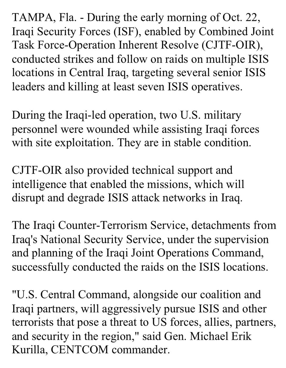 CENTCOM: Iraqi Security Forces Target, Kill Multiple Senior ISIS Members, with Support from CJTF-OIR Forces