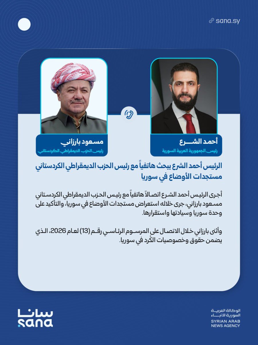 Prezydent Ahmed al-Sharaa przeprowadził rozmowę telefoniczną z prezydentem Demokratycznej Partii Kurdystanu Masudem Barzanim, w trakcie której omówili najnowsze wydarzenia w Syrii i podkreślili jedność, suwerenność i stabilność Syrii.