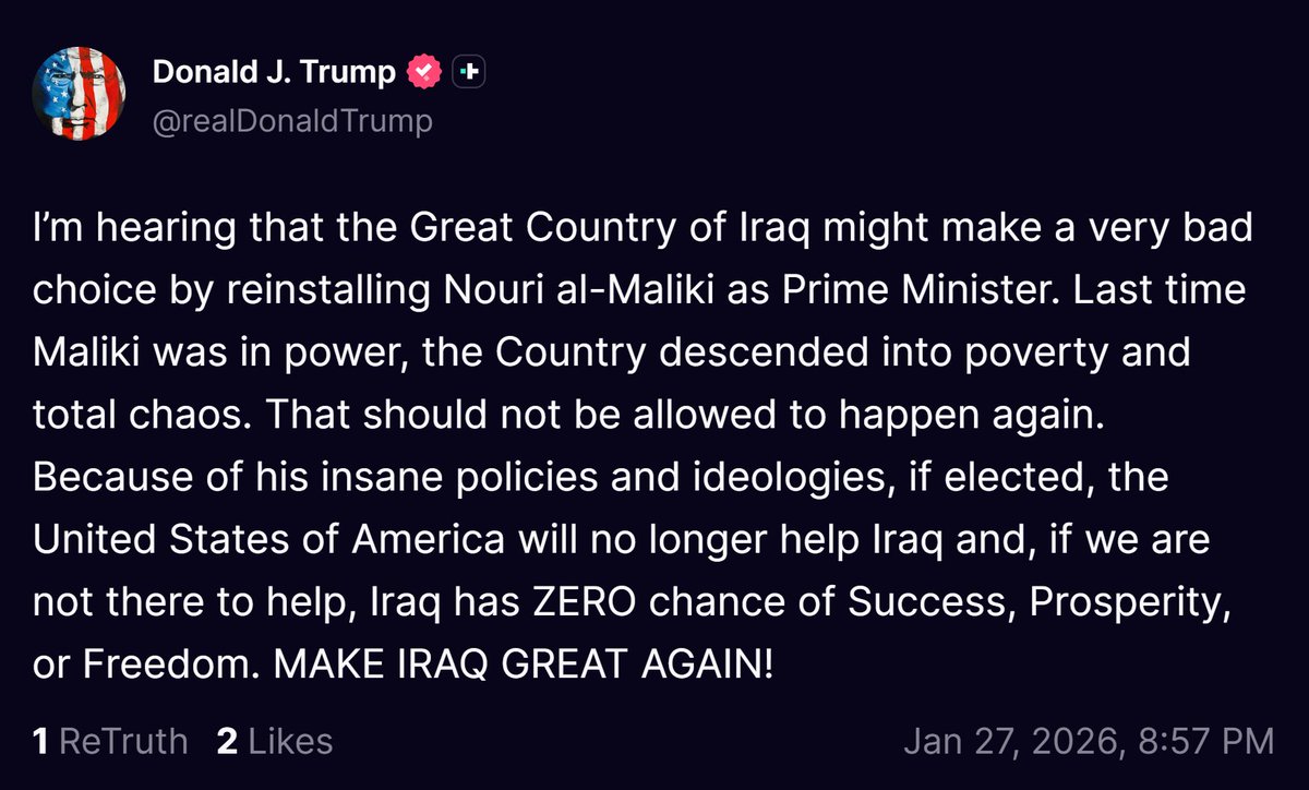 Trump sagt, die USA würden dem Irak keine Hilfe mehr leisten, falls Nuri al-Maliki zum Premierminister gewählt werde.