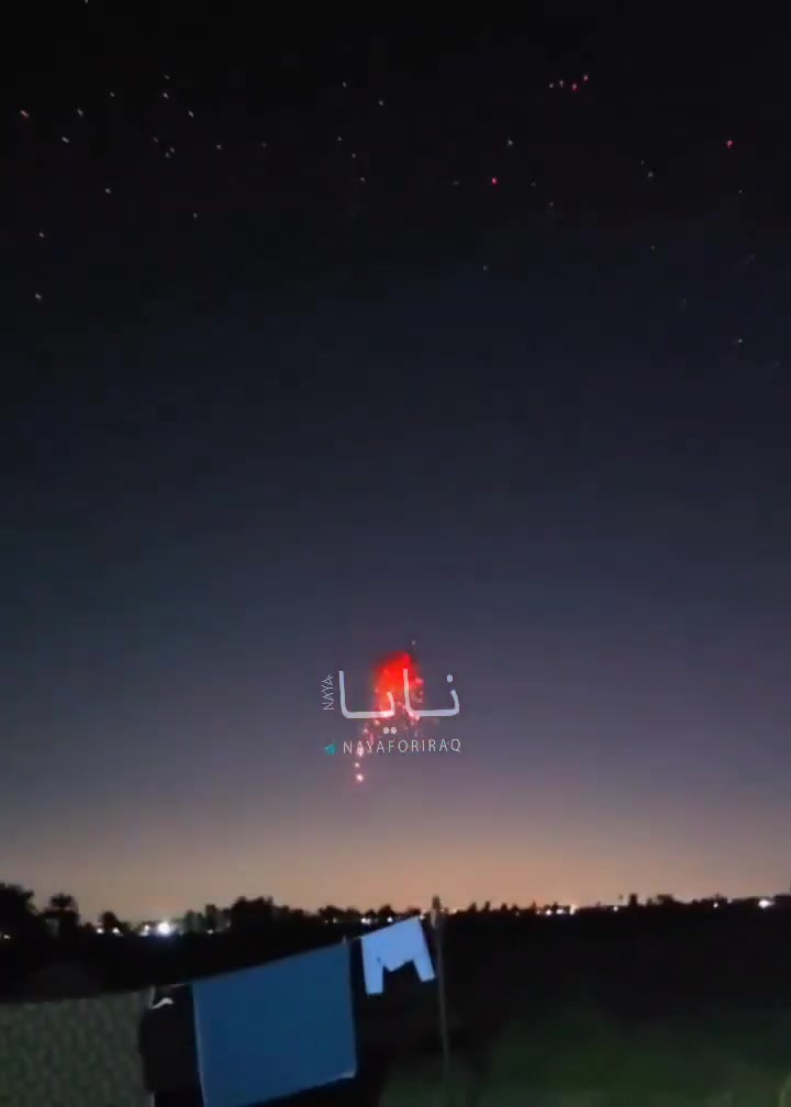 Footage of a coalition interceptor knocking down an Iranian attack drone over western Baghdad tonight