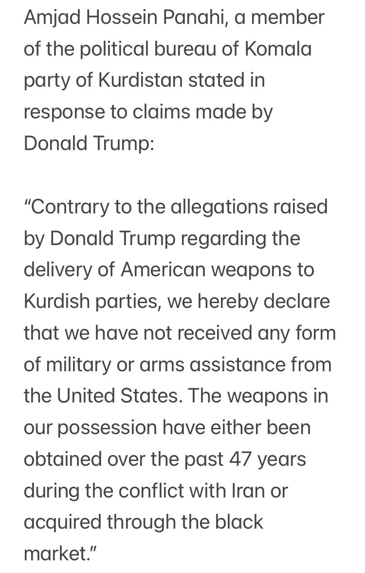 Différents partis kurdes iraniens ont démenti les affirmations du président américain Donald Trump selon lesquelles les États-Unis auraient envoyé des armes aux manifestants iraniens, affirmant que les Kurdes s'en seraient emparés eux-mêmes.