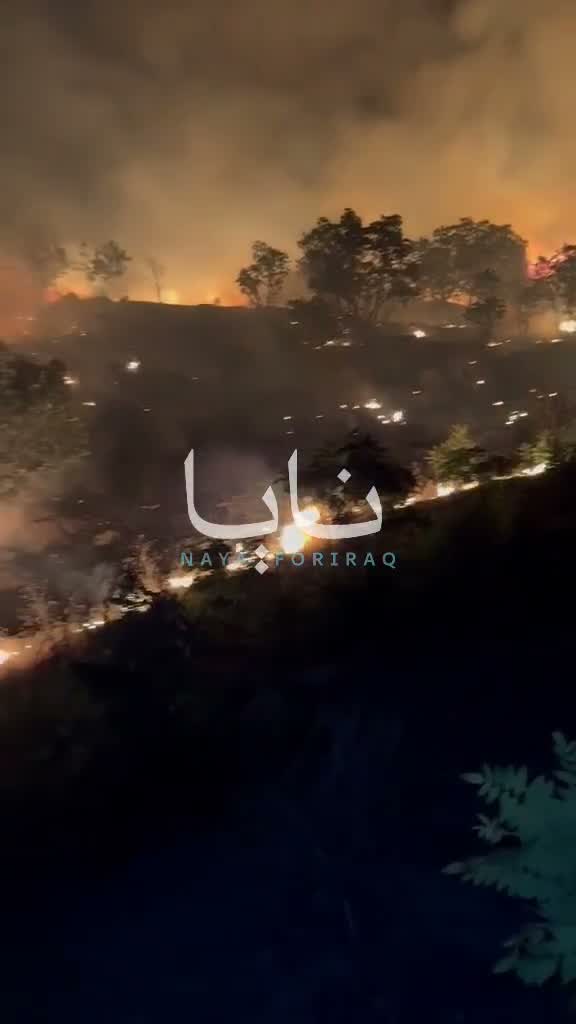 Large fires broke out in Sulaymaniyah province after Iranian opposition headquarters were targeted, with flames rising from the bombing sites.