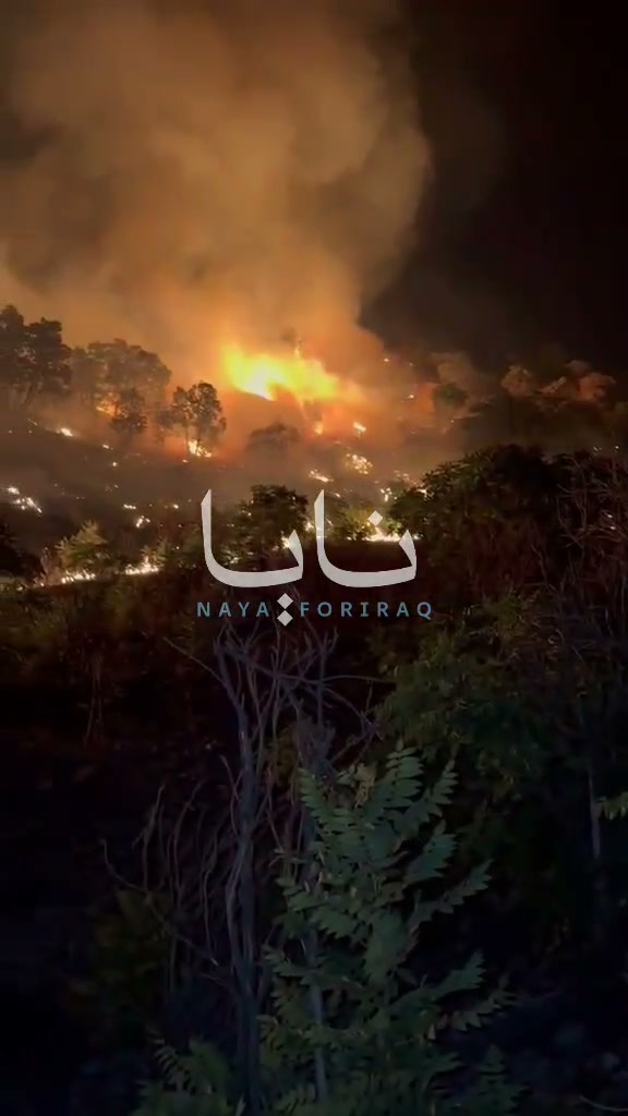 Large fires broke out in Sulaymaniyah province after Iranian opposition headquarters were targeted, with flames rising from the bombing sites.