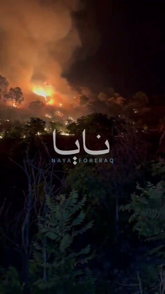 Large fires broke out in Sulaymaniyah province after Iranian opposition headquarters were targeted, with flames rising from the bombing sites.
