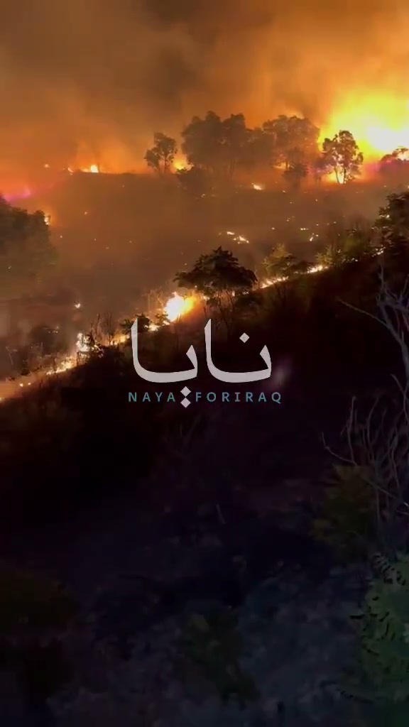 Large fires broke out in Sulaymaniyah province after Iranian opposition headquarters were targeted, with flames rising from the bombing sites.