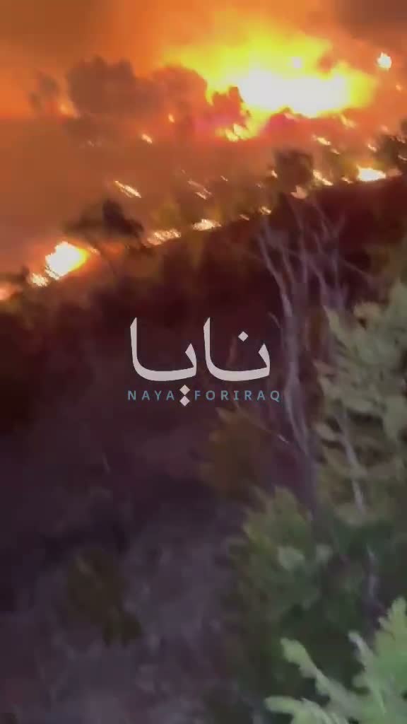 Large fires broke out in Sulaymaniyah province after Iranian opposition headquarters were targeted, with flames rising from the bombing sites.