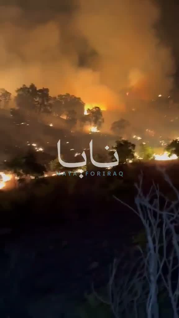 Large fires broke out in Sulaymaniyah province after Iranian opposition headquarters were targeted, with flames rising from the bombing sites.